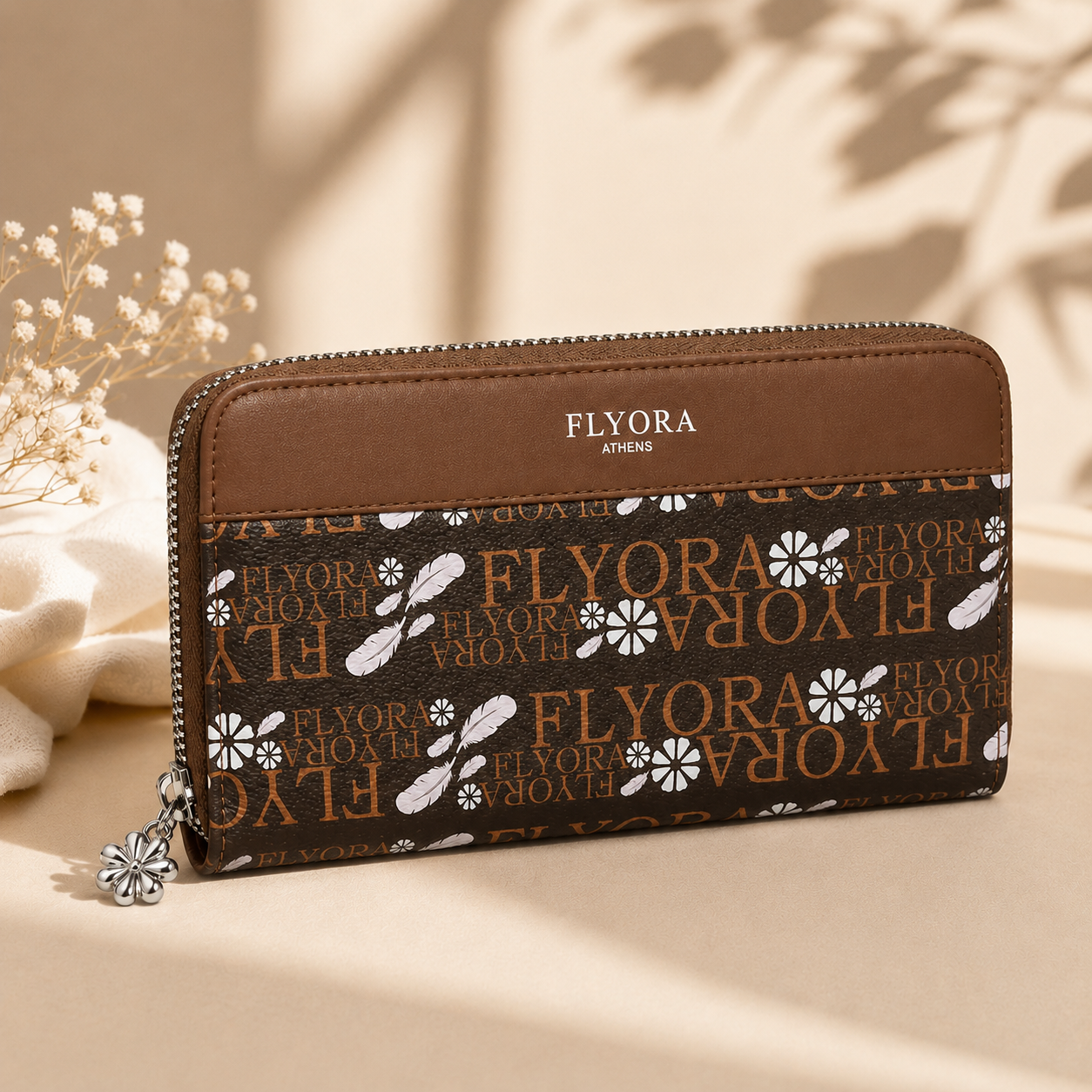 Flyora Athens Μεγάλο Γυναικείο Πορτοφόλι Καφέ με 8 Θήκες Καρτών